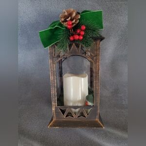 Rustic Metallic Look Holiday Lantern with Yellow LED Candle